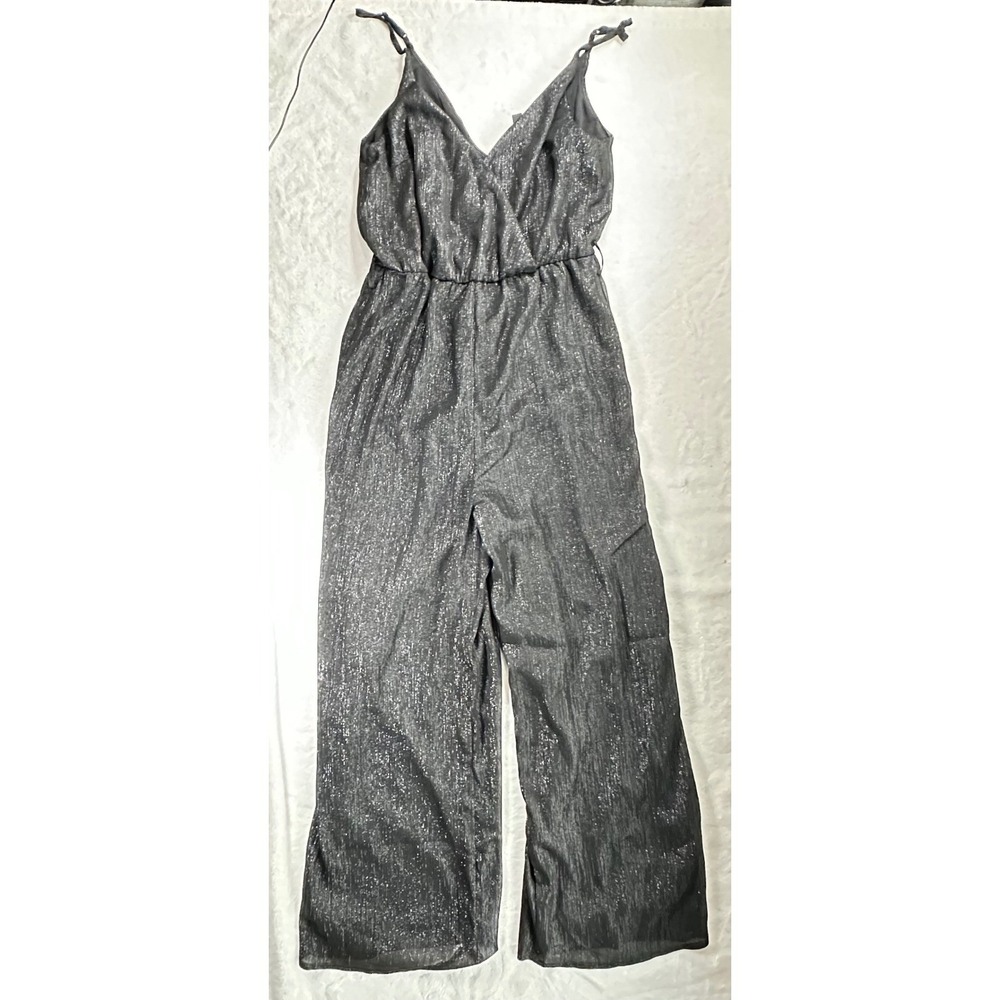 H&M Divided Womens Black Metallic Shimmer Wide Leg Jumpsuit Size 4 Wrap Front